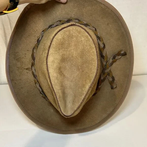 Vtg Henschel Skullys Braid Suede Hat LG Cowhide Leather Outback Bush USA Cowboy - Picture 5 of 8